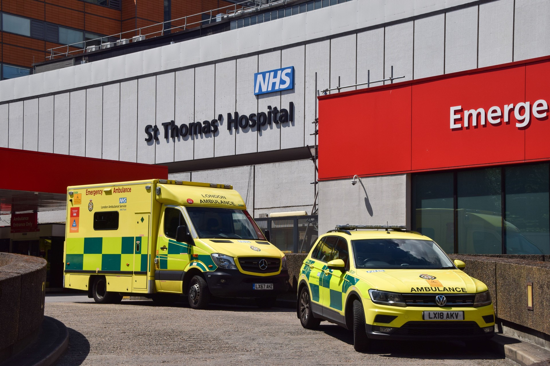 London Ambulances outside St Thomas' Hospital in London, UK